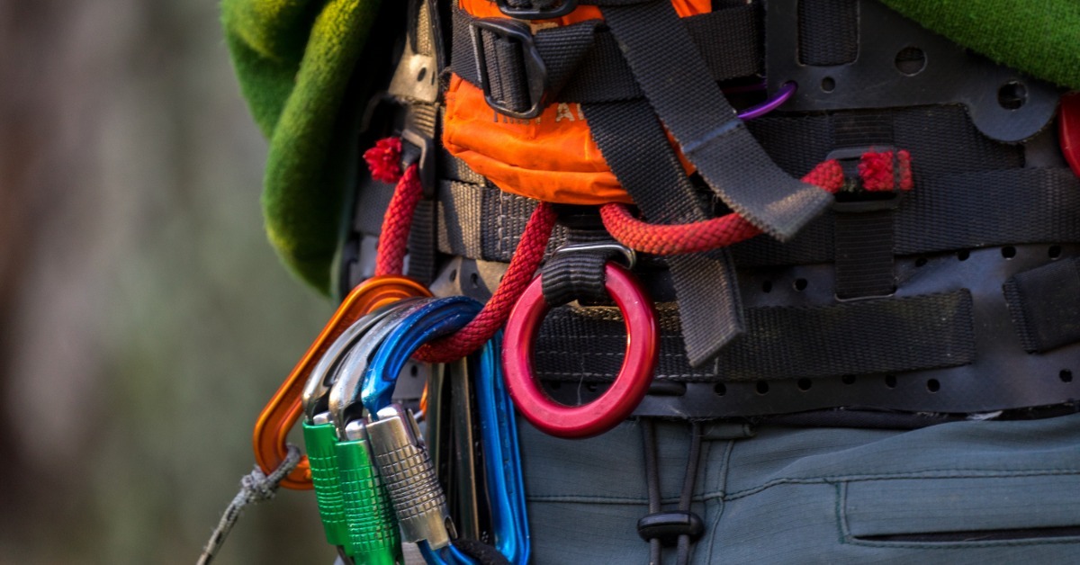 A close-up of a climbing harness with colorful carabiners, red rope loops, black straps, and metal buckles.