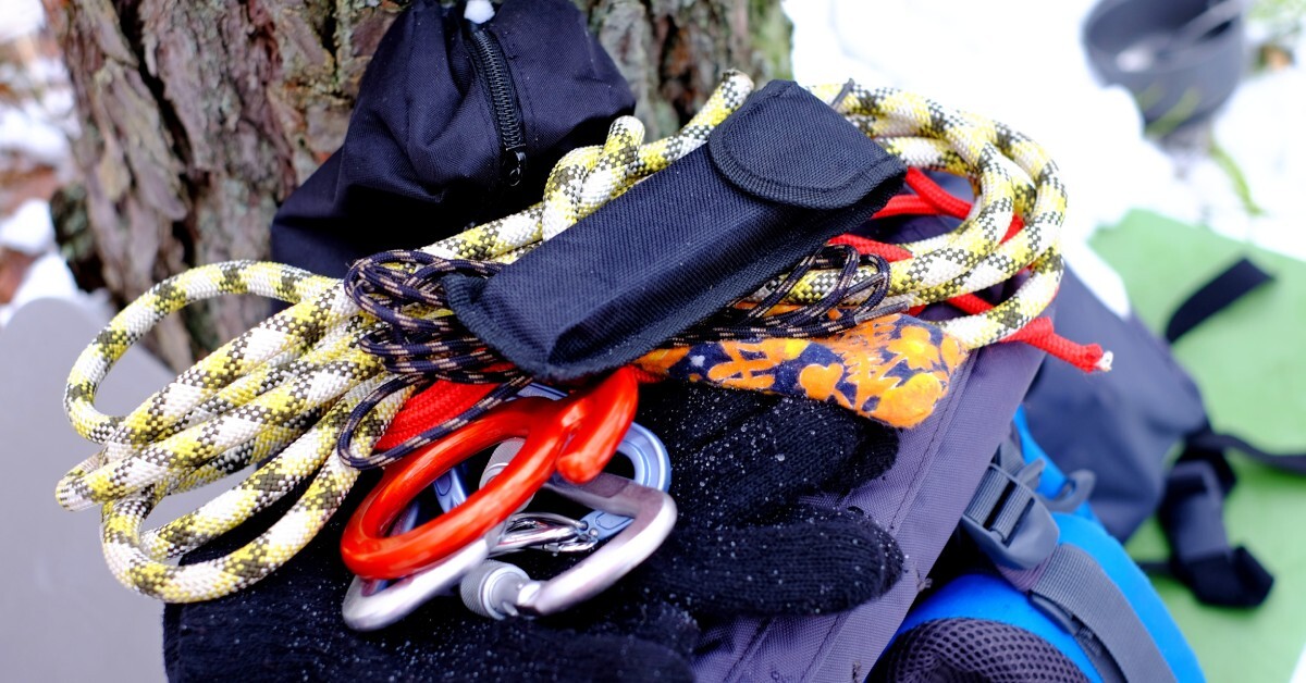 Several colored ropes and carabiners piled up near a tree trunk, along with a pair of black gloves.