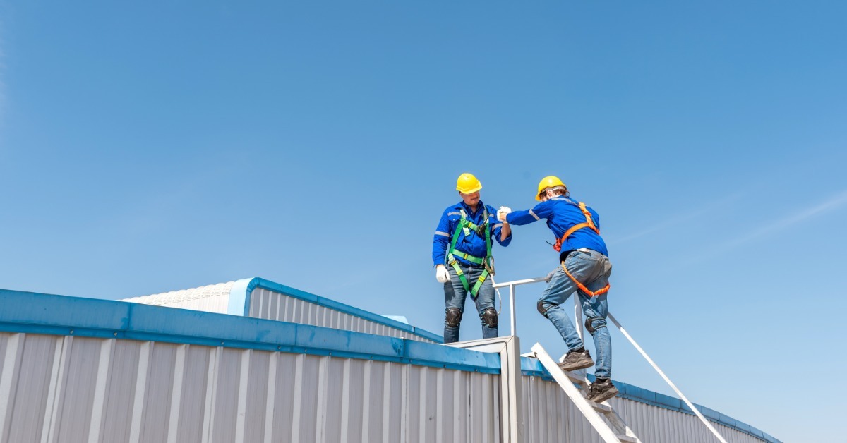 Two workers wearing hard hats, harnesses, safety gloves, and kneepads while climbing onto the roof of a metal building.